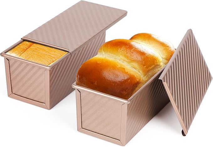 Beasea Pullman Loaf Pan With Lid, 2 Pack 0.5 lb Small Non-Stick Carbon Steel Mini Toast Box for Homemade Bread Oven Baking - Rose Gold