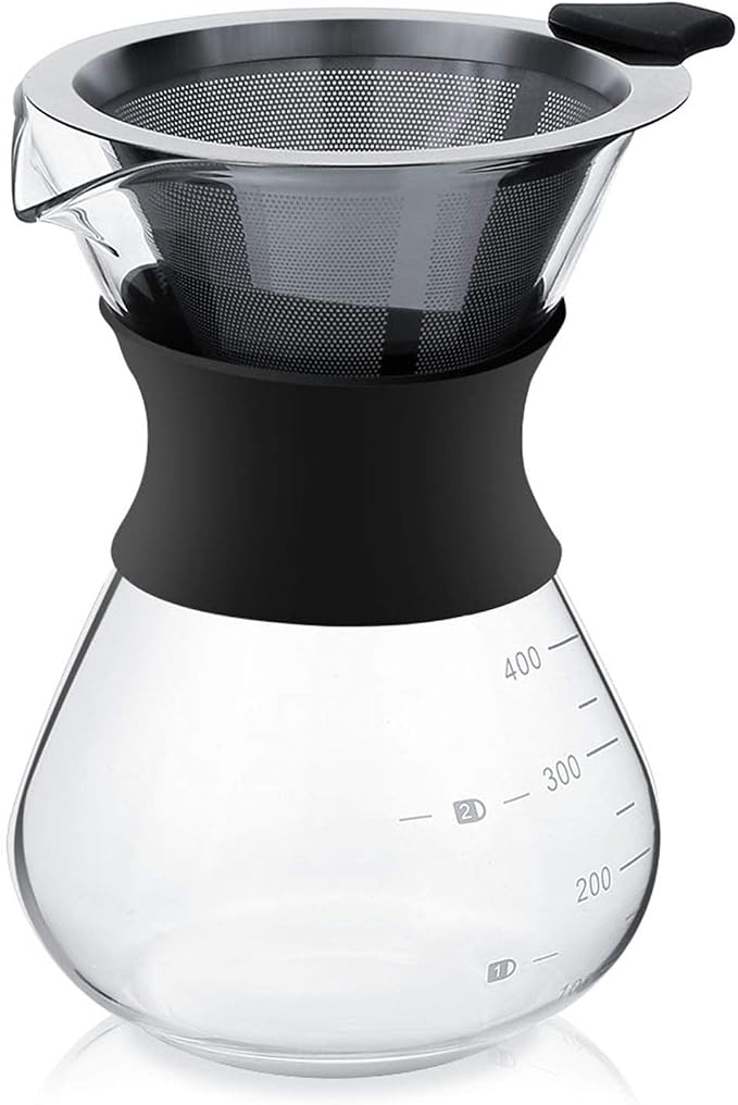 Joyzan Pour Over Coffee Maker, High-Heat Paperless Glass Drip Dripper 400ML | Brewer Carafe with Reusable Stainless Steel Filter Scale Line Paperless Removable Portable Pot Set Clear Camping Hiking