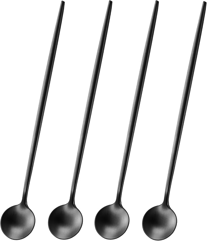 7.95 Inch Matte Black Iced Tea Spoons,4 PCs Sturdy Long Spoon For Stirring Coffee,Cocktail,Milk,Dessert,SS18/10 Satin Black Long Handle Iced Teaspoons For Mixing