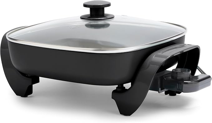 GreenLife 12" 5QT Electric Skillet, Black | PFAS-Free Ceramic Nonstick Coated Interior, Glass Vented Lid, Temperature Control, Dishwasher Safe, Pancakes, Eggs, Bacon