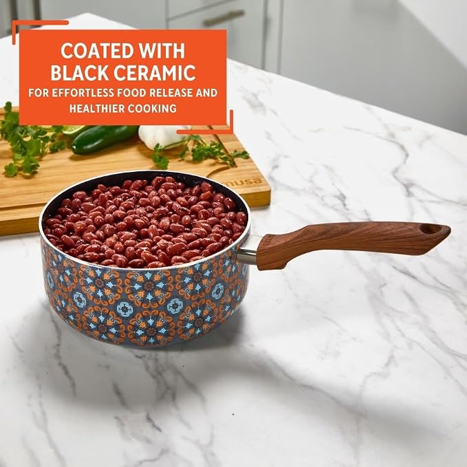 IMUSA 2 Qt Talavera Aluminum Black Ceramic Saucepan with Woodlook Handle | Black Ceramic Nonstick Coating, Woodlook Cool-Touch Handle, Ideal for Mexican Dishes and Sauces, Great for Everyday Meals