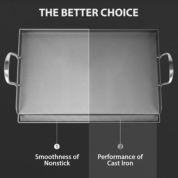 Utheer Cast Iron Griddle for Gas Grill, 25 x 16 Inch Flat Top Plate | Large cooking surface with removable handles, ideal for burgers, steaks, vegetables, camping and tailgating