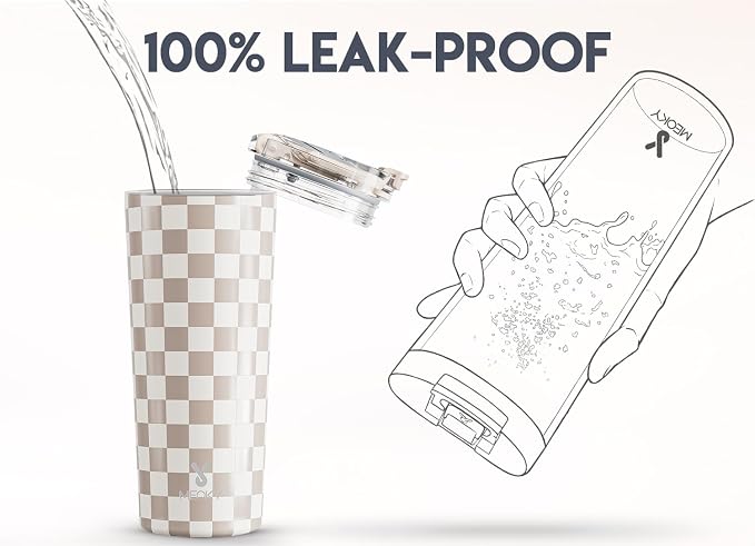 Meoky 24 oz Insulated Travel Coffee Mug: Leak Proof Lid, Checkmate | Stainless Steel Coffee Tumbler, Keeps Hot for 8 Hours or Cold for 24 Hours, Fits in Car Cup Holder, BPA Free