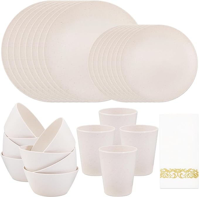 32Pcs Reusable Cream Wheat Straw Dinnerware Plates and Bowls Sets | Unbreakable dishes set for 8 includes plates, bowls, cups, and napkins. Dishwasher safe for daily or outdoor use.