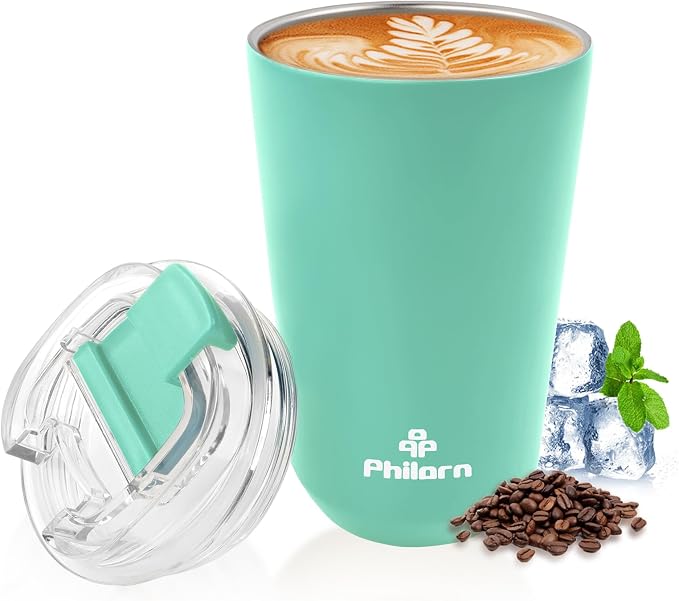 PHILORN Coffee Mug 12 OZ Tumbler, Green Travel Coffee Mug with Lid | Coffee Thermos for Hot & Cold Drinks, Insulated Stainless Steel Travel Coffee Cup with Double Wall