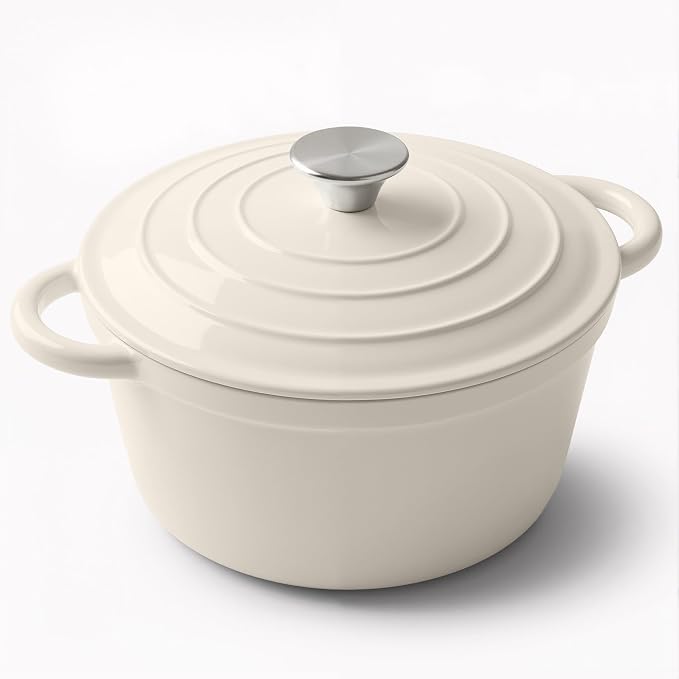 Miereirl 4.5 Quart Enameled Dutch Oven Pot with Lid, Cast Iron Dutch Oven with Dual Handles for Bread Baking, Cooking, Non-stick Enamel Coated Cookware (Beige)