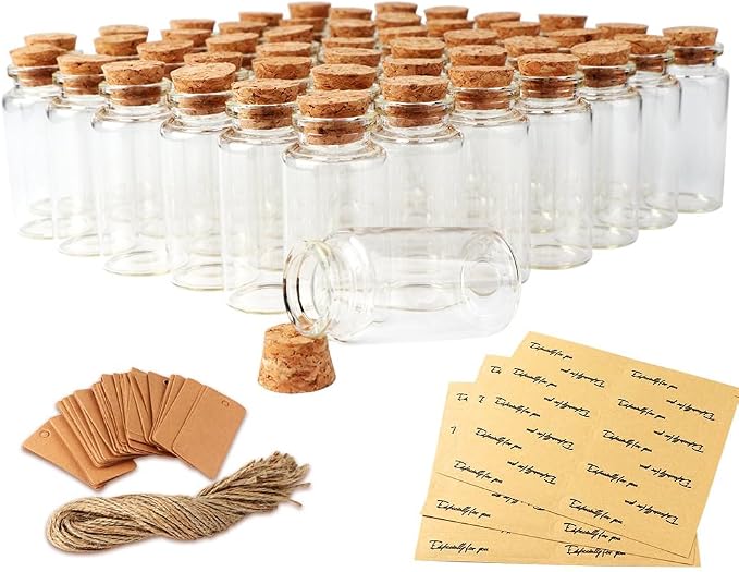 OurWarm 32PCS 40ml Small Glass Bottles with Cork Lids, Mini Jars Glass Vials with Wooden Corks Tags & Twines, Small Potion Message Bottles for Birthday Wedding Baby Shower DIY Crafts Gift Party Favors
