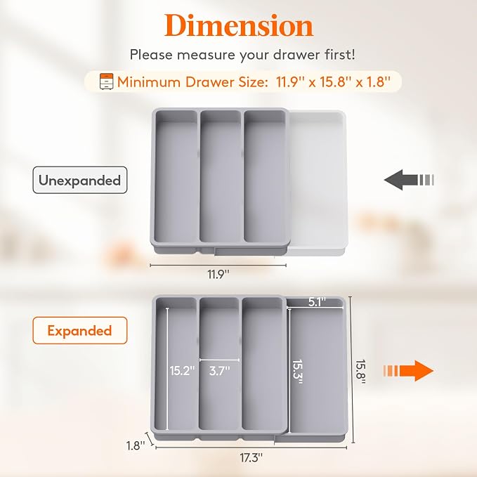 Lifewit Utensil Organizer for Kitchen Drawer, Expandable Cooking Tray | Adjustable Cutlery Flatware Holder, Plastic Silverware Spatula Tools Storage Divider, 11.9-17.3 x 15.8", Gray