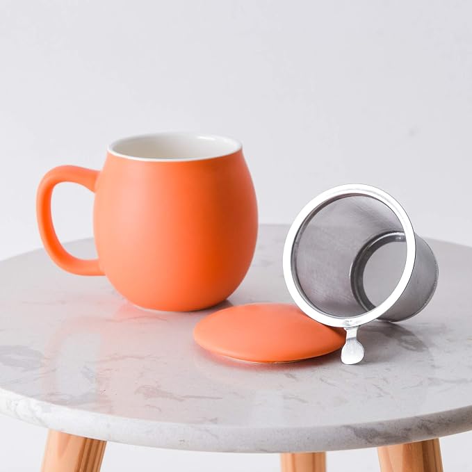 Yundu 12 OZ Matte Orange Ceramics Teacup with Infuser and Lid, Mug with Lid for Steeping - Stainless Steel Infuser for Loose Leaf Tea, Home Office Gift for Tea Lovers