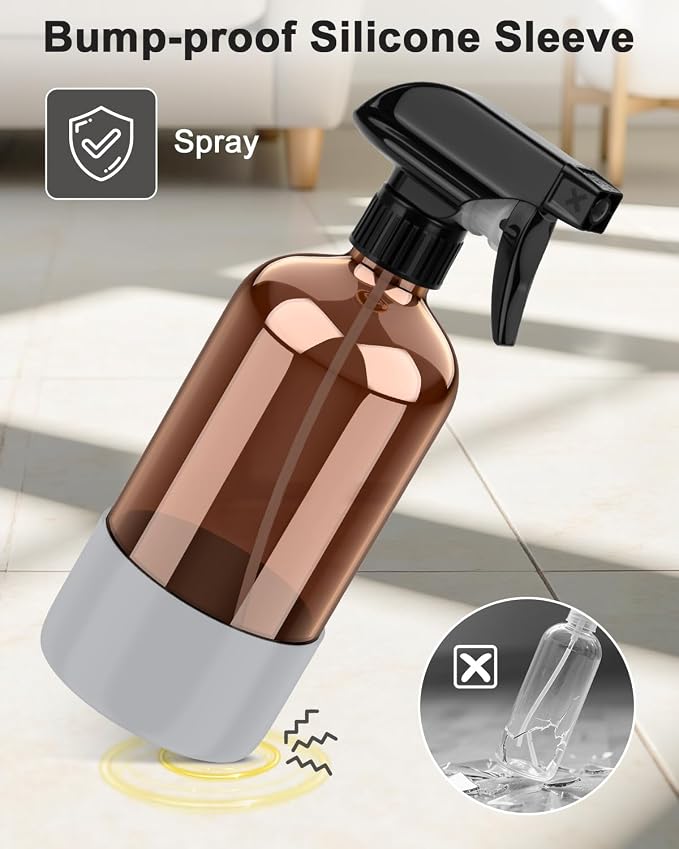 Bontip Amber Glass Spray Bottle, 16 oz with Grey Silicone Sleeve, 1 Pack | Refillable amber glass bottle, With protective silicone sleeve, BPA-free, UV shielding, Great for cleaning solutions,plants