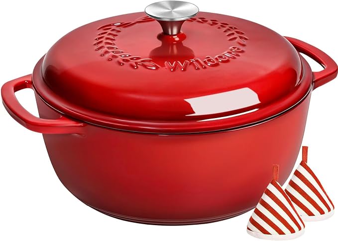 Enameled Cast Iron Dutch Oven - Wildone 6QT Pot with Lid & Cotton Potholders - Oven Safe Enamel Cookware for Bread Baking, Braising, Stews, Roasting, Red