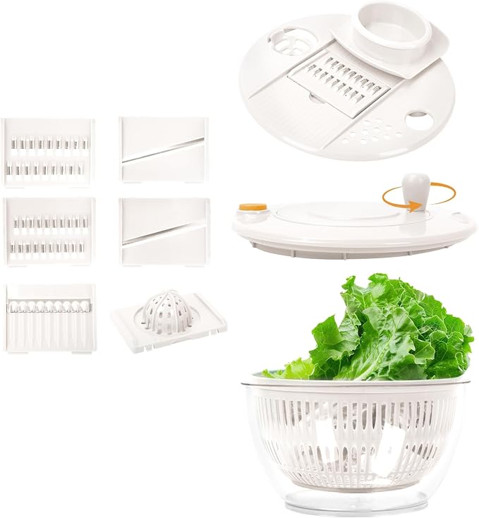 Salad Spinner Large, 5.3 QT 5 IN 1 Lettuce Spinner Dryer with 5 Blades Slicing and Pureeing Vegetables Wash Bowl Kitchen Gadgets for Efficient Salad Preparation Food Washing (White)