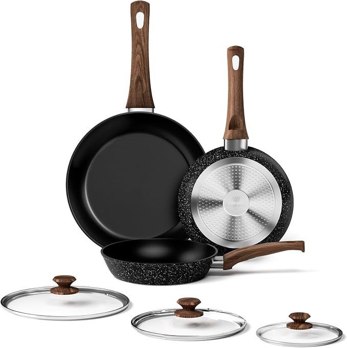 Innerwell Nonstick Ceramic Frying Pans Skillets Set with Lid 8"+9.5"+11" | No Toxic Egg Omelette Frying Pan Set, All Stove Compatible, Healthy Granite Induction Cooking Pan, PFOA & PFAS Free