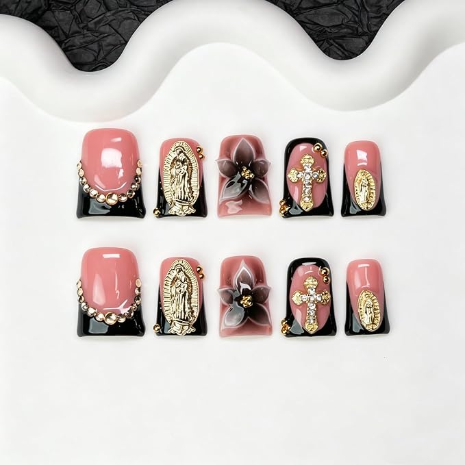 10 Pcs Flower Press on Nails Handmade False Nails Short Duck Gothic Style with 3D Golden Rhinestone Designs Black French Tip Stick on Nails Sparkling Diamond Decor Thick Acrylic Nail for Women (S)