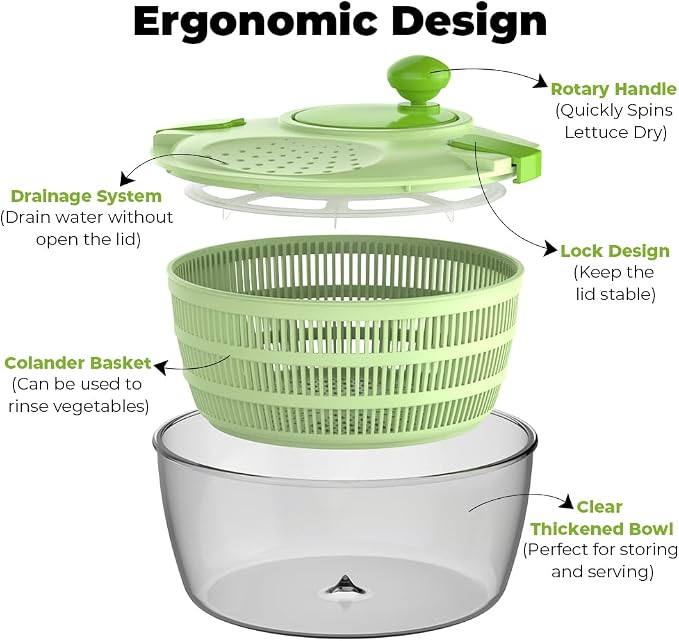 Salad Spinner 4.4 QT Lettuce Spinner with Bowl and Mesh Basket | Compact Space-saver, Fruit and Vegetable Washer for Washing, Spinning, and Draining