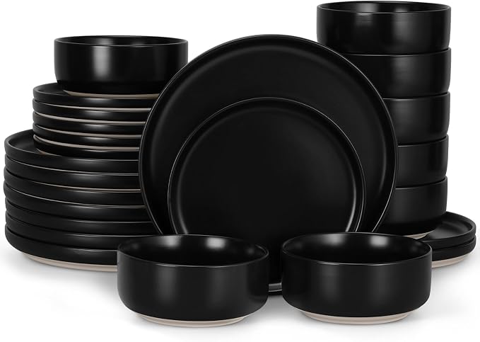 LIANYU Plates and Bowls Sets for 8, 24 Piece Stoneware Dinnerware Set, Porcelain Dishware for Kitchen and Dining, Microwave Oven Dishwasher Safe, High temperature & Scratch Resistant, Matte Black