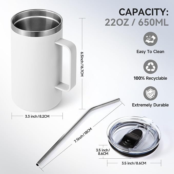 Volhoply 22oz Insulated Stainless Steel Coffee Mugs with Leakproof Lid Bulk 2 Pack,Double Wall Vacuum Travel Coffee Cup with Handle,Reusable Metal Tumbler,Camping Mug Keep Hot&Cold(White,2)