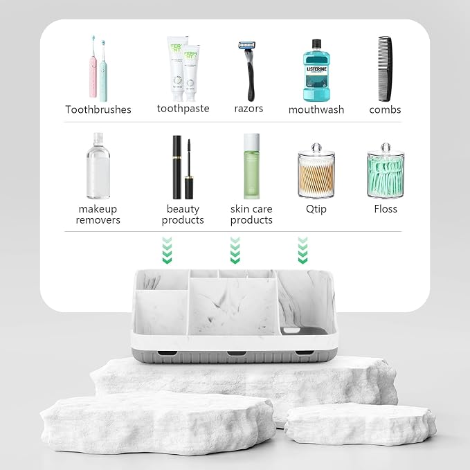 GFWARE Marble Bathroom Toothbrush Holder Set with 2 Qtip Holder Dispenser | Detachable 7 Slots Bathroom Accessory Set, Kids Bathroom Sink Counter Set, Bathroom Essentials Decor, Anti-Slip, Marble-Look
