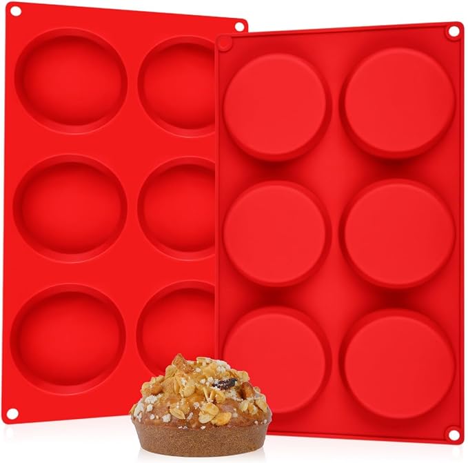 CAKETIME Muffin Top Pan, Silicone Egg Molds for Breakfast Sandwiches 3 Inch Round Egg Baking Pan for Oven English muffins, Whoopie Pies, Corn Bread, bites, Tarts 2 Pack Red