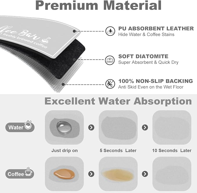 Findosom Dish Drying Mat, 17"x 32" Super Absorbent & Hide Stain Coffee Mat, Cuttable Drying Mat for Kitchen Counter, Coffee Bar Accessories, Under Dish Rack, Coffee Maker, Espresso Machine, LightGrey