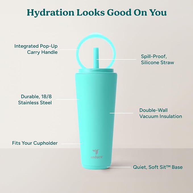 REDUCE Halo 32 oz Stainless Steel Vacuum Insulated Tumbler - Spill Proof Travel Mug with Flip Handle Lid - Keeps Drinks Cold for 32 Hrs - Dishwasher Safe - Cupholder Friendly - Ocean Breeze