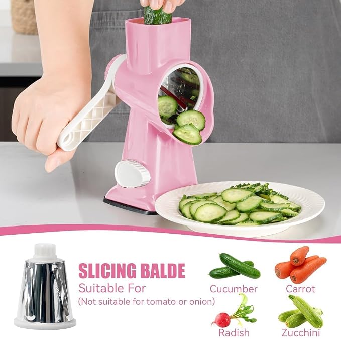 Rotary Cheese Grater Hand Crank Pink - Shredder Slicer Grinder 3 Stainless Steel Blades, Stable Suction, Labor-Saving Handle, Safe Kitchen Tool for Cheese, Vegetable, Nuts, Chocolate