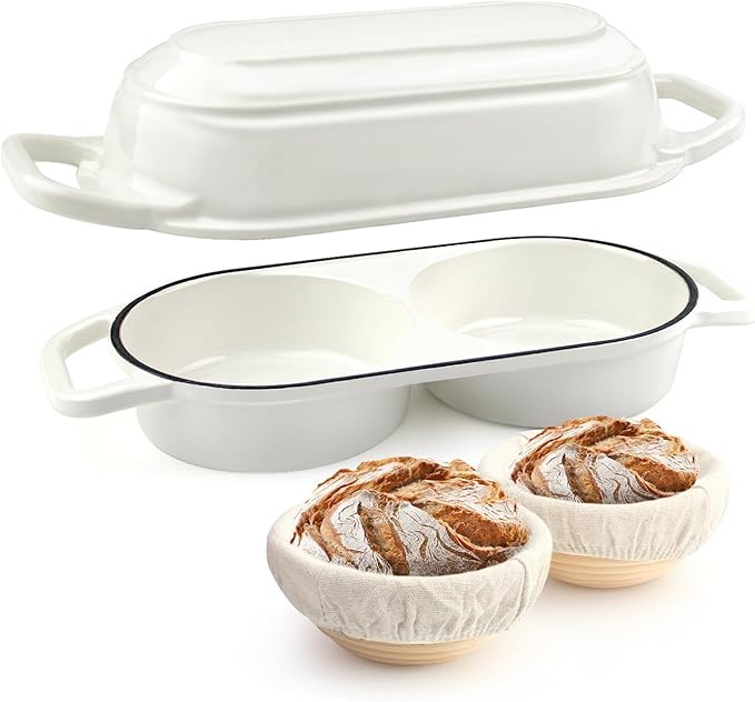 YONILL Mini Double Dutch Oven with Lid for Sourdough Bread Baking (White) | Enameled Cast Iron Pot with Lid, 5" Banneton Bread Proofing Basket Include, Dual Round Bread Loaf Pan for Homemade Baking