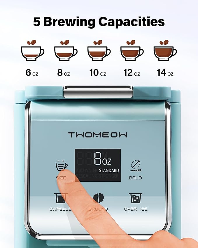 K Cup Coffee Maker, Single Serve Hot & Iced for K-Cup & Grounds | 52oz Removable Reservoir, Single Cup Coffee Maker with Bold Setting, 6-14oz Brew Sizes, Reusable Filter, Compact Design, Blue