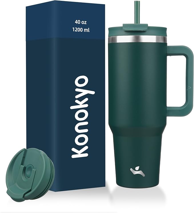 Konokyo 40 oz Insulated Tumbler Water Bottle with Handle, Straw Lid | BPA-free and dishwasher safe; made for gym, travel, coffee and gifting, 2 straws, cup holder friendly,Dark Green
