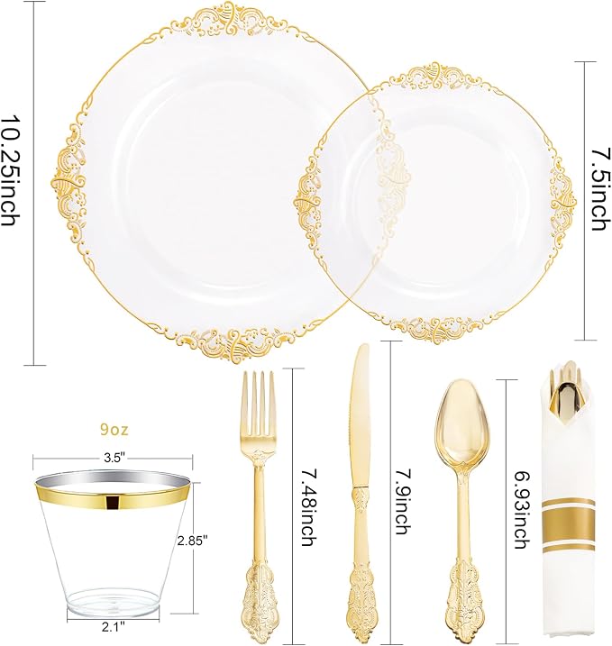Nervure 175Pcs Clear Gold Plates, Disposable Party Plates for 25 Guests | 25 7.5" Dessert & 25 10.25" Dinner Disposable Plates, 75 Gold Cutlery, 25 9oz Cups, 25 Napkin for Wedding & Party, BPA-free