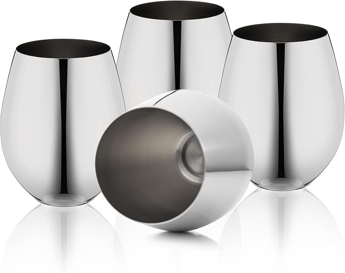 WOTOR Stemless Stainless Steel Wine Glasses, 18oz, Silver, Set of 4 | Unbreakable, Metal, Ideal Gift for Wine Lovers
