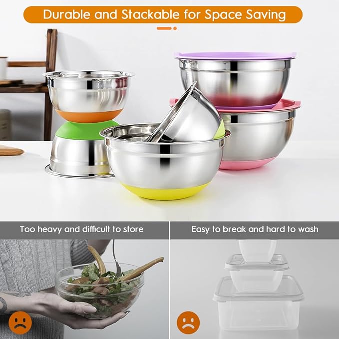 Mixing Bowls with Airtight Lids, 18pcs Stainless Steel Mixing Bowls Set | Nesting Non-slip Silicone Bowls Bottom, Size 4.5, 3.6, 2.7, 2.1, 1.7, 1.1, 0.7 qt, Fit for Mixing & Serving(Colorful )