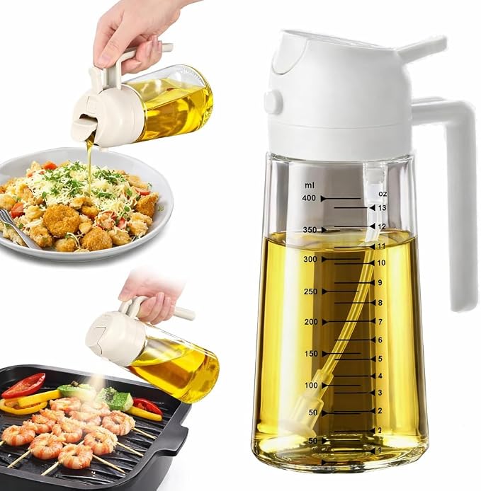16oz/470ml Glass Olive Oil Sprayer for Cooking, 2 in 1 Oil Dispenser for Kitchen Gadgets, Food Grade Premium Spray Bottle with Portion Control for Salad, Frying, BBQ