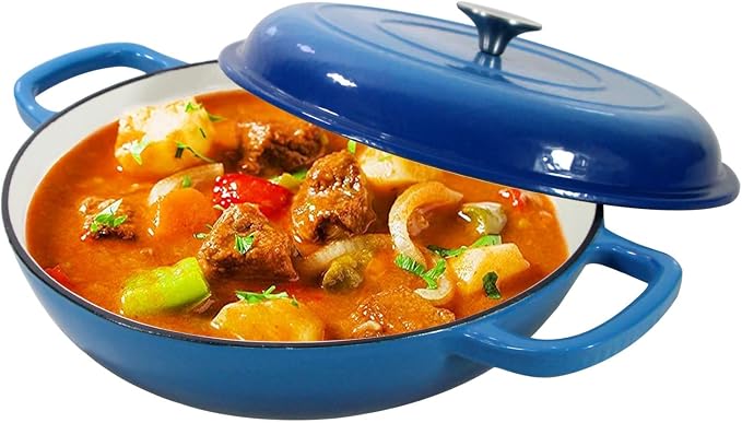 Enameled Cast Iron Dutch Oven Braiser, 3.8 Quart Enamel Skillet Pot with Lid - Heavy Duty and Dual Handles, Oven Safe Frying Pan for Family or Friends Gifts, Blue