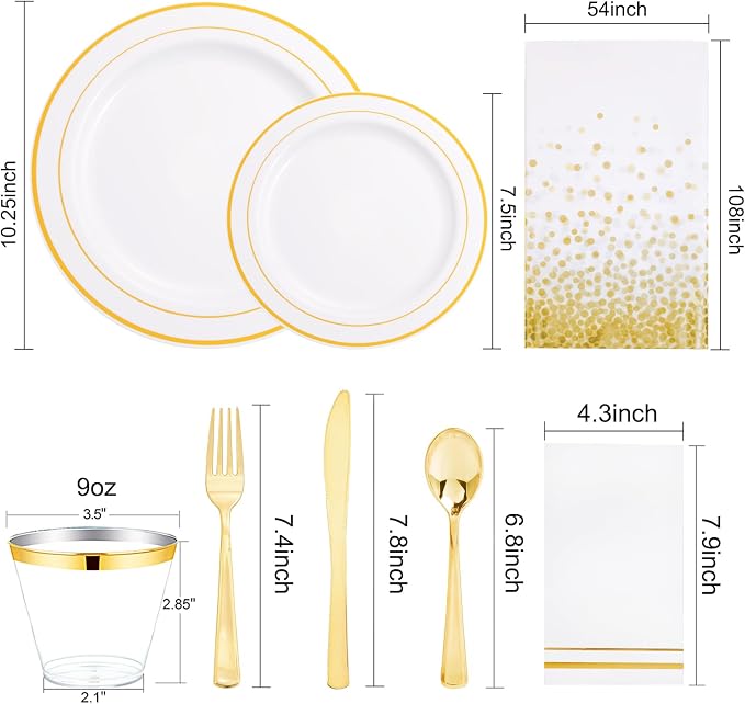 GATHER 176PCS White and Gold Plastic Plates for Wedding and Party | Gold Disposable Plates include 50 Plates, 75 Silverware, 25 Napkins, 25 Cups, 1 Tablecloth for Bridal Shower