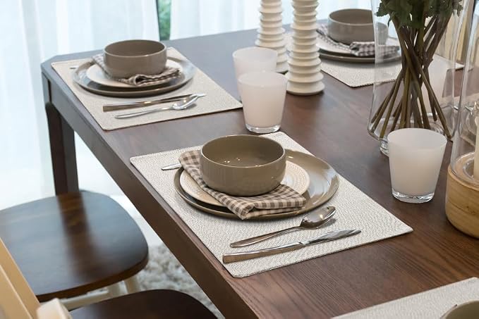 Faux Cotton Linen Placemats Set of 8, Cloth Washable Farmhouse Dining Table Mats for Indoors & Outdoors, Easy to Clean, Neutral Beige, 13 x 19 Inch