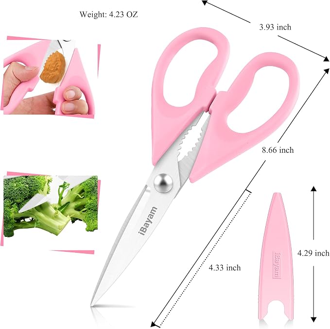 iBayam Cute Kitchen Scissors All Purpose Heavy Duty Meat Poultry Shears | Pastel Pink, Mint Blue, Built-In Bottle Opener, Protective Sheath, Dishwasher Safe, Stainless Steel, Comfort Grip, Left/Right