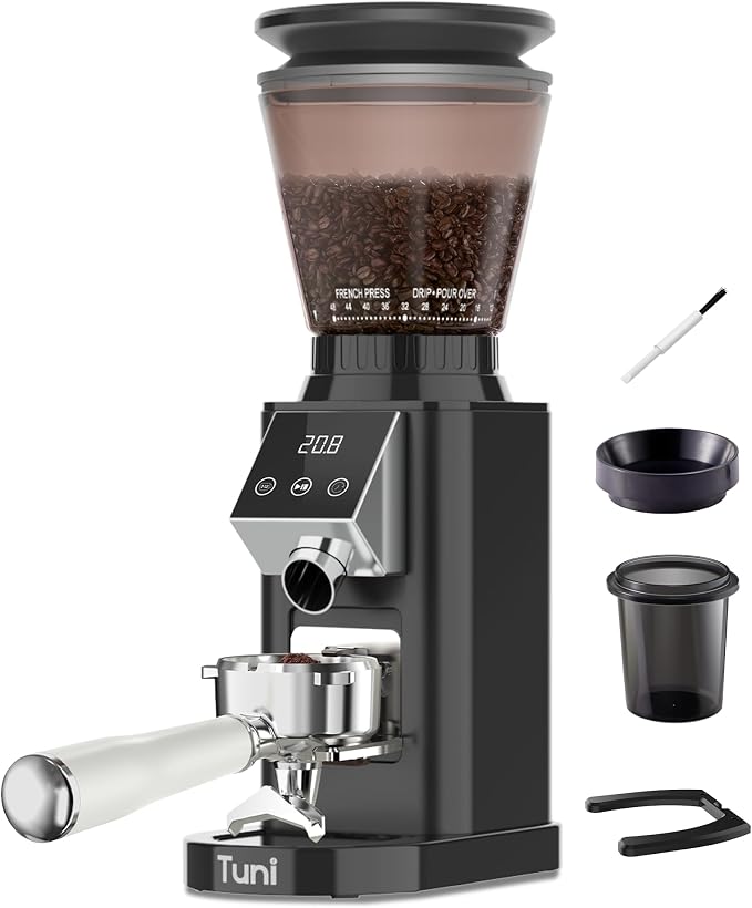 Tuni G1 40mm Conical Burr Coffee Grinder with 48 Grind Settings, Black | Anti-static Burr Mill, Precision Electronic Timer & LED Touchscreen for Espresso/Drip/Cold Brew/French Press, Stainless Steel