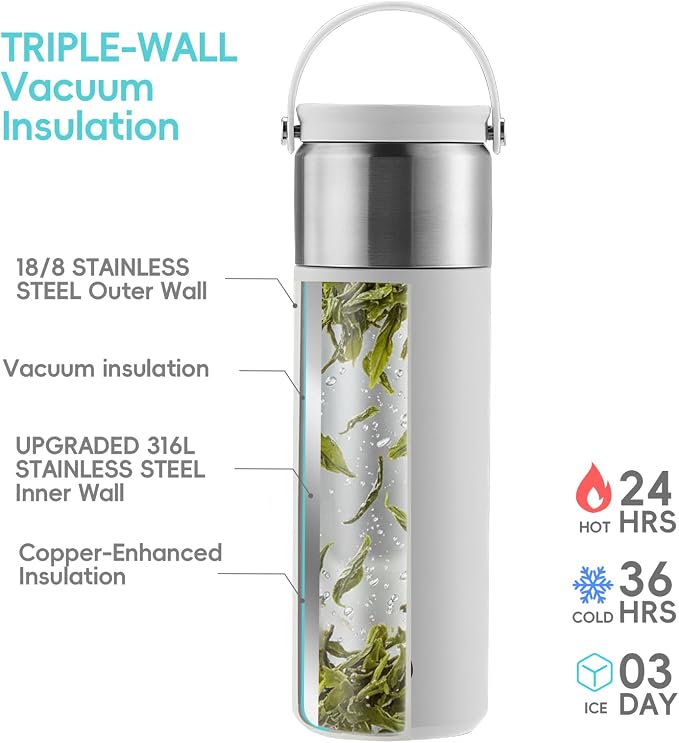 16 oz Stainless Steel Tea Infuser Bottle with Lid double as Tea Cup,Fruit Infuser Insulated Water Bottle,Leak Proof Travel Coffee Mug with Handle