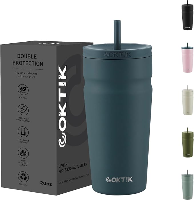 COKTIK 20oz Insulated Tumbler with Lid and Straw Iced Coffee Cup Reusable Stainless Steel Travel Mug Water Bottle Cupholder Friendly for Women Men Her Him (Twilight Fog)