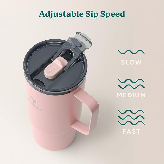 REDUCE 24 oz Hot1 Vacuum Insulated Mug for Hot Tea, Coffee and Other Hot Drinks - With Flo-Motion Lid and Handle, Single-Serve and Cupholder Friendly, Keeps Drinks Hot for up to 8 Hrs, Pink Salt