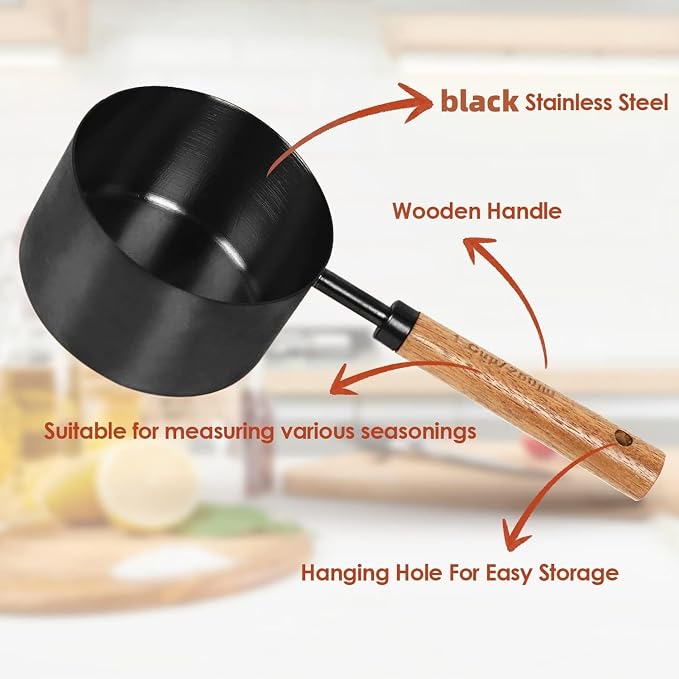 8-Piece Stainless Steel Measuring Cups and Spoons, Acacia Handles, Black