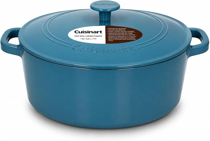 Cuisinart Chef's Classic Enameled Cast Iron Dutch Oven with Lid, Porcelain Enameled Interior, Oven Safe, Induction Compatible, 7-Quart, Round, Teal