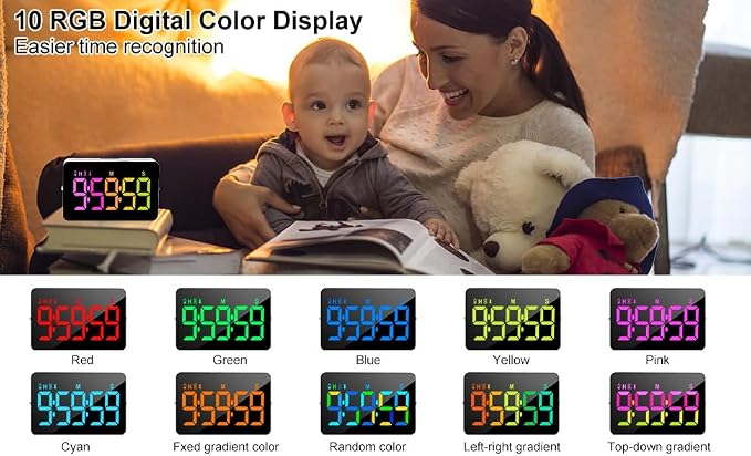 Samshow Rechargeable Digital Kitchen Timer, 2 Packs, Color Change | 10 Dynamic RGB Color, Countdown/Up, 3 Brightness 4 Volume Adjustable, Magnetic, 5" LED Display, For Classroom/Home/Classroom