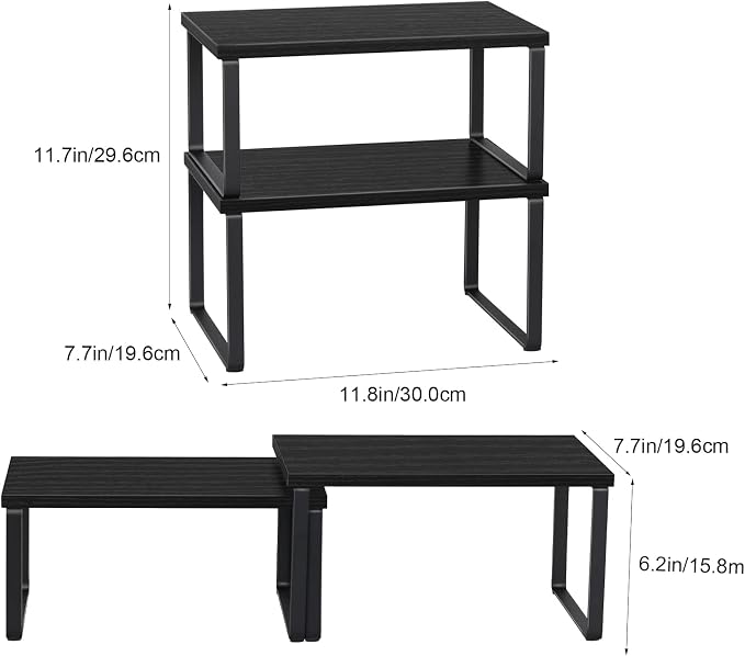 CADUKE Set of 4 Kitchen Counter Shelves, Cabinet Organizer, Black | Wood Countertop Shelves, Stackable Shelf Organizer, Expandable Cabinet Shelf, For Pantry, Industrial