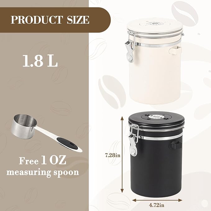 Garvee 2-Pack 22oz Stainless Steel Airtight Coffee Canister, 304 Stainless Steel Food Storage Container with Date Tracker and Measuring Scoop for Coffee Beans, Tea, Sugar, Cereal - Matte Black & Beige