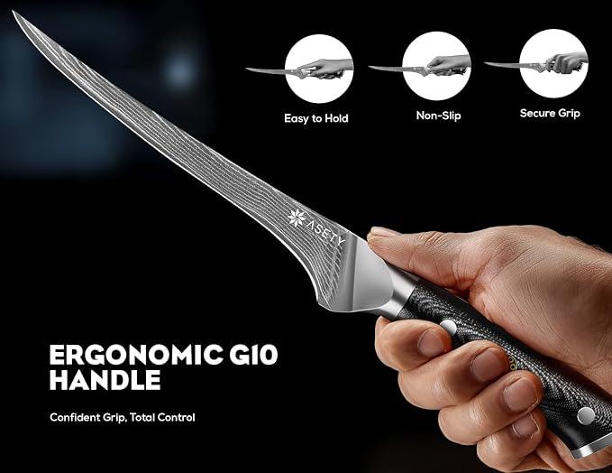 ASETY 7 Inch Damascus Fillet Boning knife for Fish & Meat, G10 Handle | Ultra-Sharp, Professional Japanese Boning Style with VG10 Steel Core, Full Tang Ergonomic Design, Elegant Box for Men