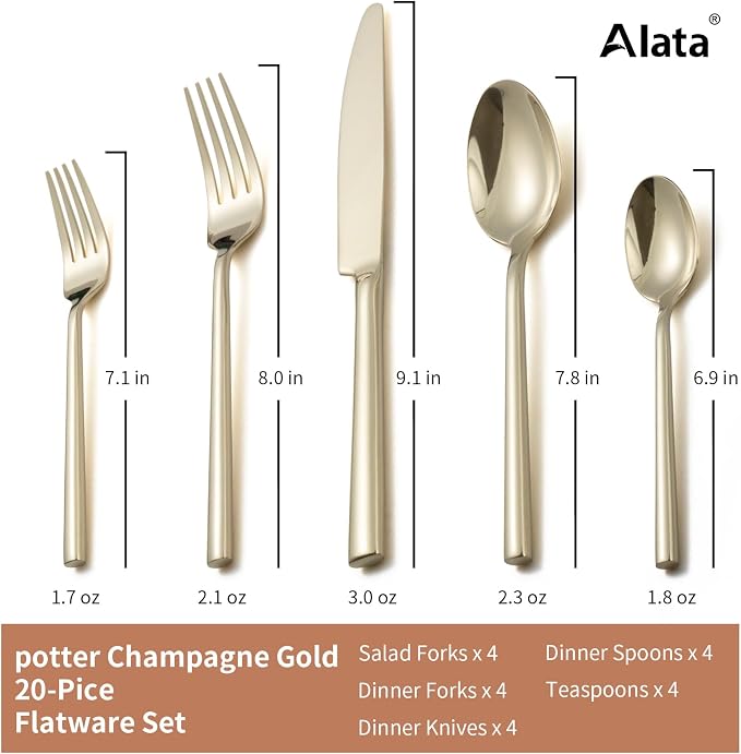 Alata Potter Champagne Gold 20-Piece Forged Silverware Set, Service for 4, Stainless Steel Flatware Set, Modern Design with Mirror Finish, Ideal for Home, Kitchen, Party, Camping