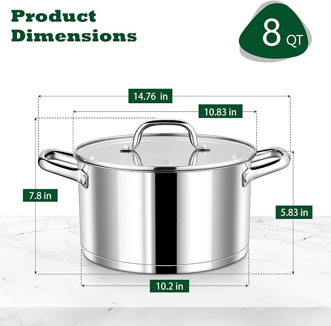 P&P CHEF 8 Quarts Stock Pot with Lid, Stainless Steel Stockpot for Cooking | Cooking Pot for Soup, Pasta, Tri-Ply Bottom for Induction, Gas, Ceramic, Glass Lid & Double Handle, Dishwasher Safe
