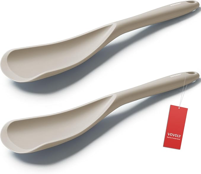 Cooking Spoon for Nonstick Cookwares, VOVOLY Silicone Spoon for Mixing, Scoop, and Scrape,Seamless Design, 12.6'', 2 Pack, Khaki